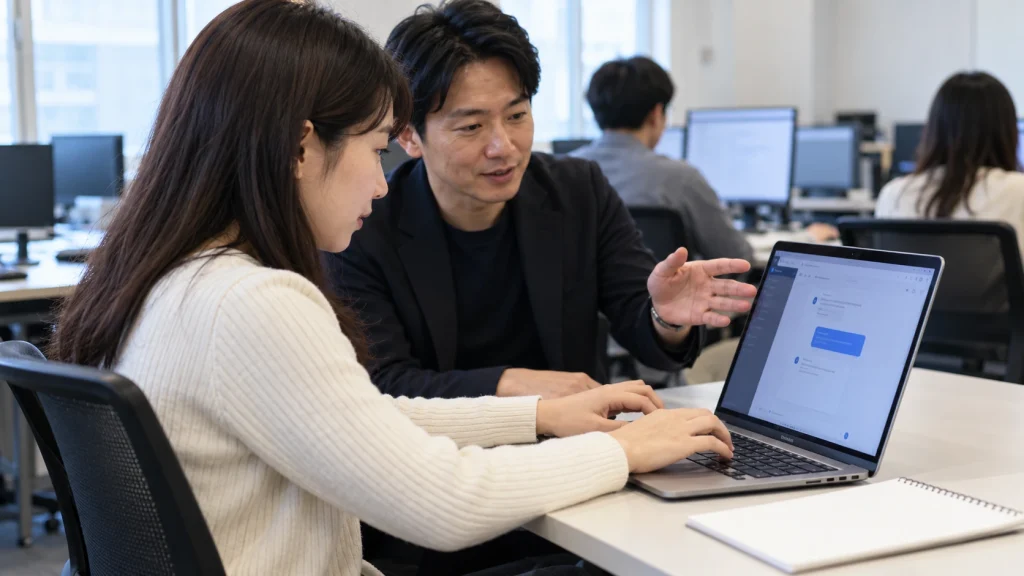 講師とAIへの指示を入力する室内パソコン実習