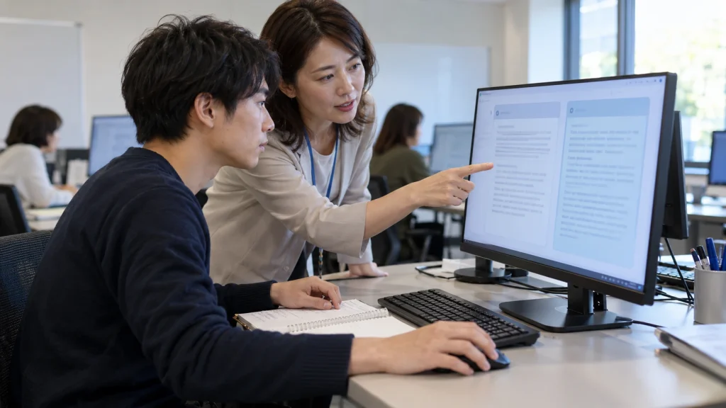 講師とAIの回答を比較して確認する室内講習