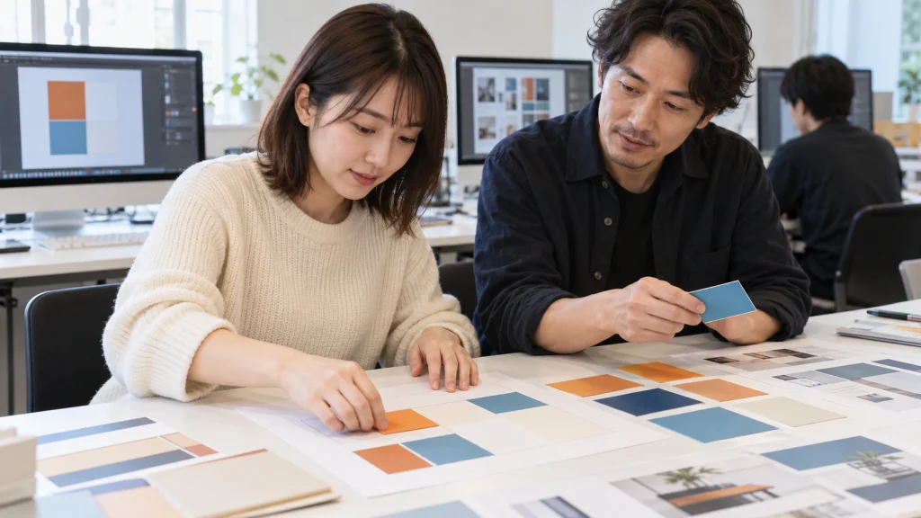 配色見本と紙のレイアウトを並べて学ぶ室内デザイン実習