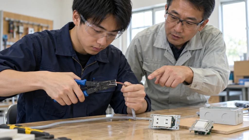 通電していない練習用ケーブルを工具で扱う電気工事実技講習