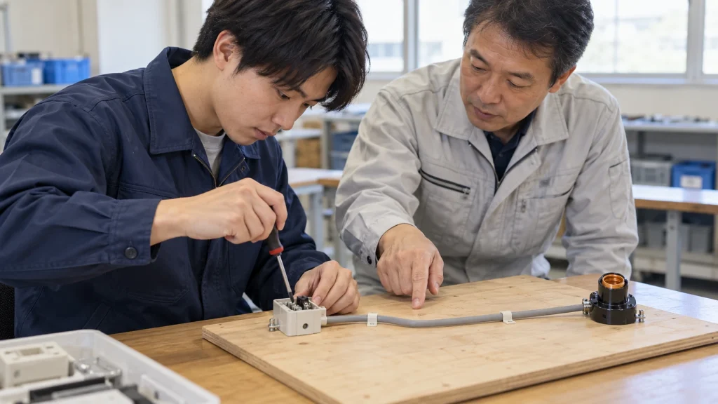 通電していない練習盤の器具へドライバーを当てる室内実習