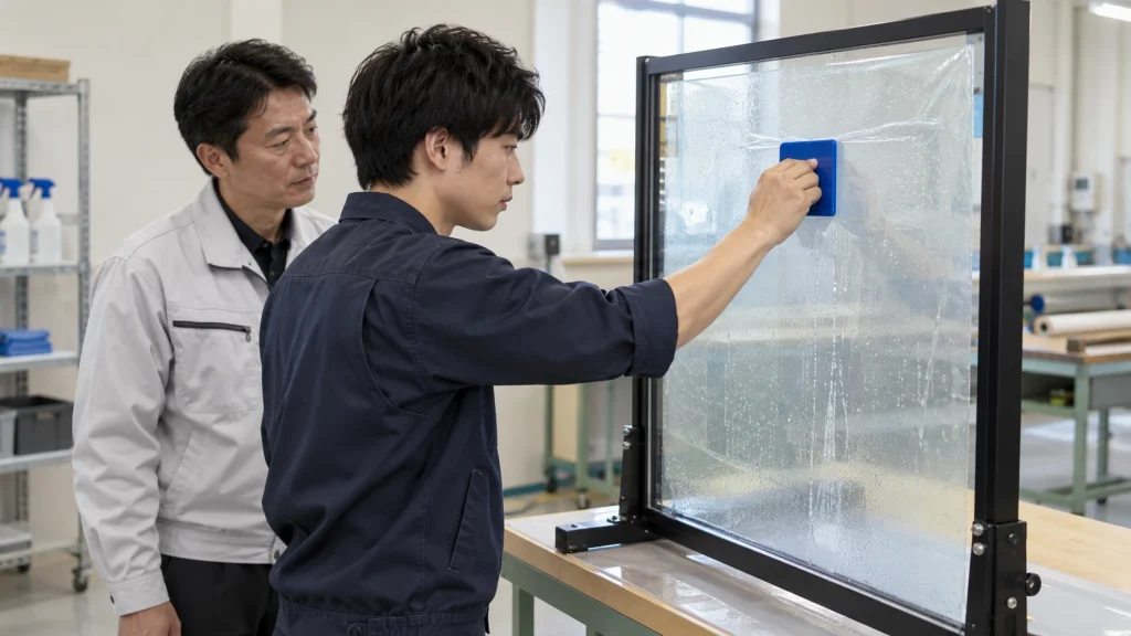 室内のガラス練習面にフィルムをスキージーで貼る実習