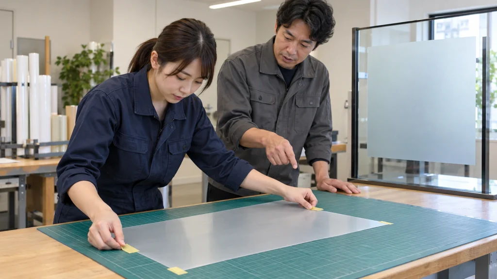 ガラス用フィルムを作業台で仮固定し位置を確認する実習