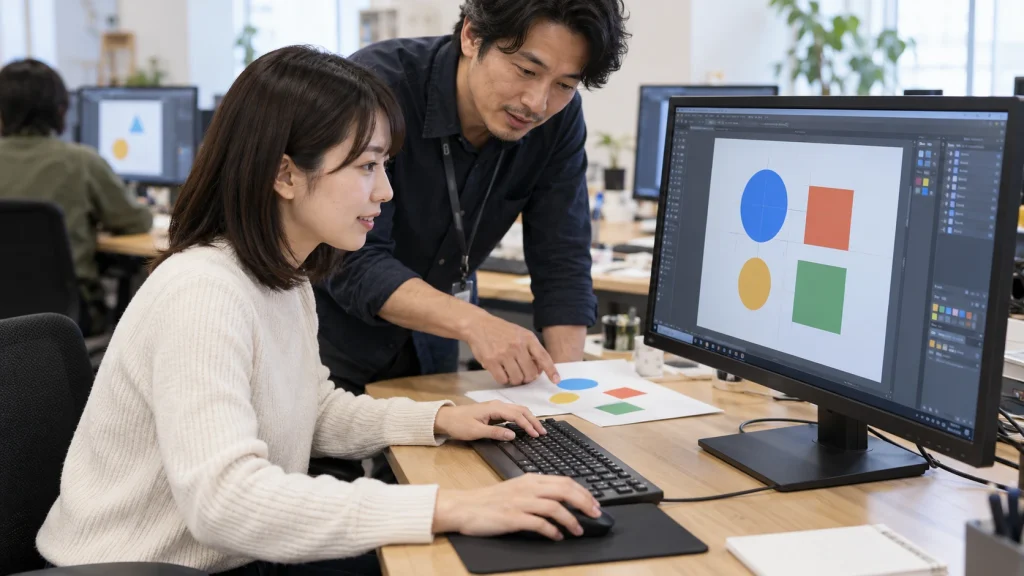 図形とレイヤーの整列を練習する室内Illustrator講習
