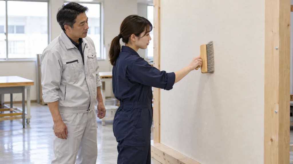 室内の練習壁に貼った壁紙をなで刷毛で押さえる実習