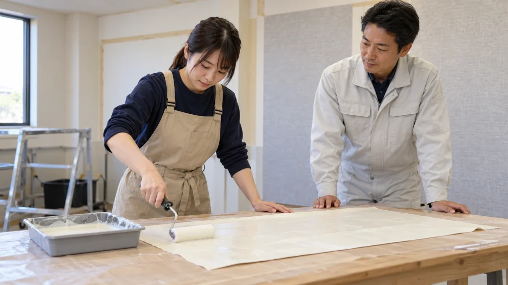 作業台に広げた壁紙へローラーで糊を塗る室内実習